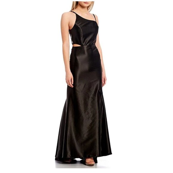 Jump One-Shoulder Side-Cut-Out Slit Hem Satin Ball Gown Black - Picture 1 of 14